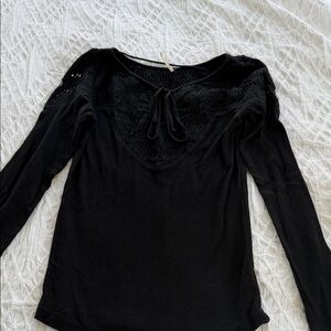 Free People Black Lace Yoke Tie-Neck Long Sleeve Top